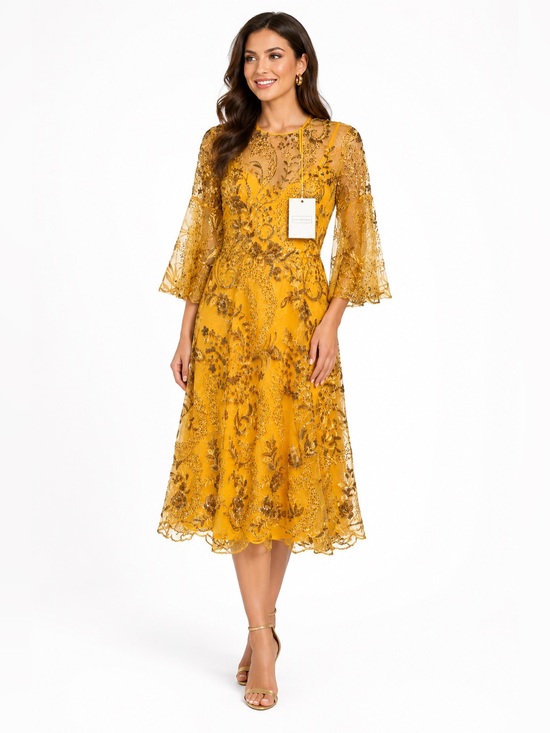Mac Duggal Dresses & Skirts - Mac Duggal Mustard Gold Beaded Midi Dress